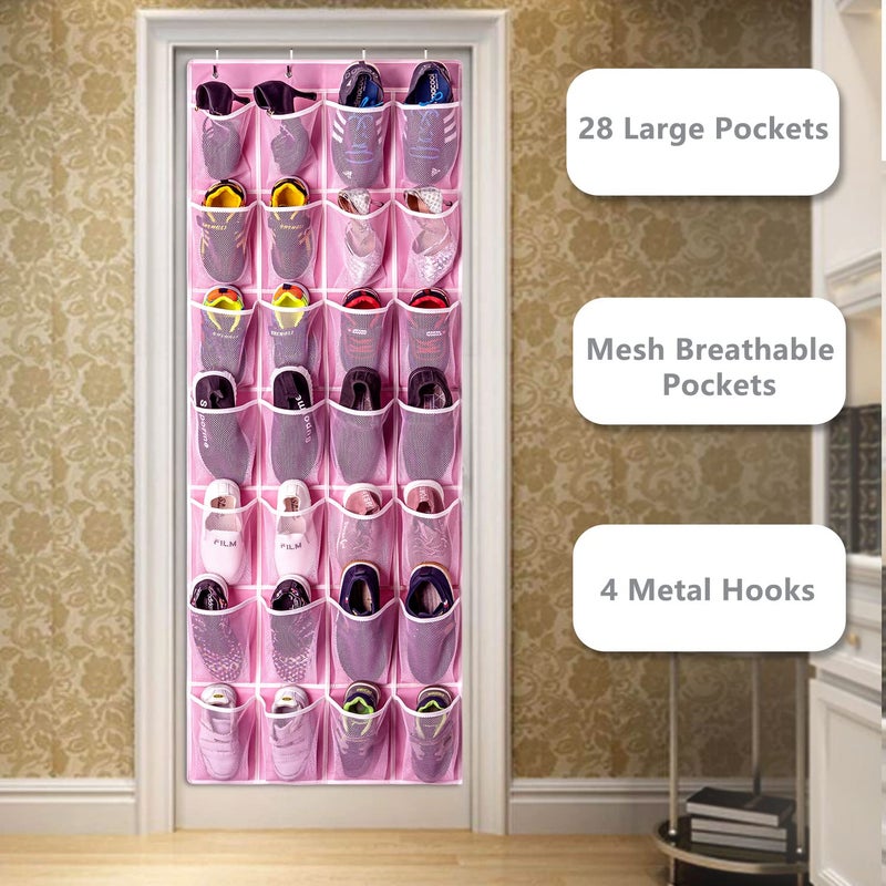 KEEPJOY 28 Pockets Hanging Shoe Organizer  Over the Door Shoe Organizer  Hanging Door Shoe Holder Rack with Mesh Pockets Large Size 65 x 23 Inch (Pink-1Pack) - Image 3